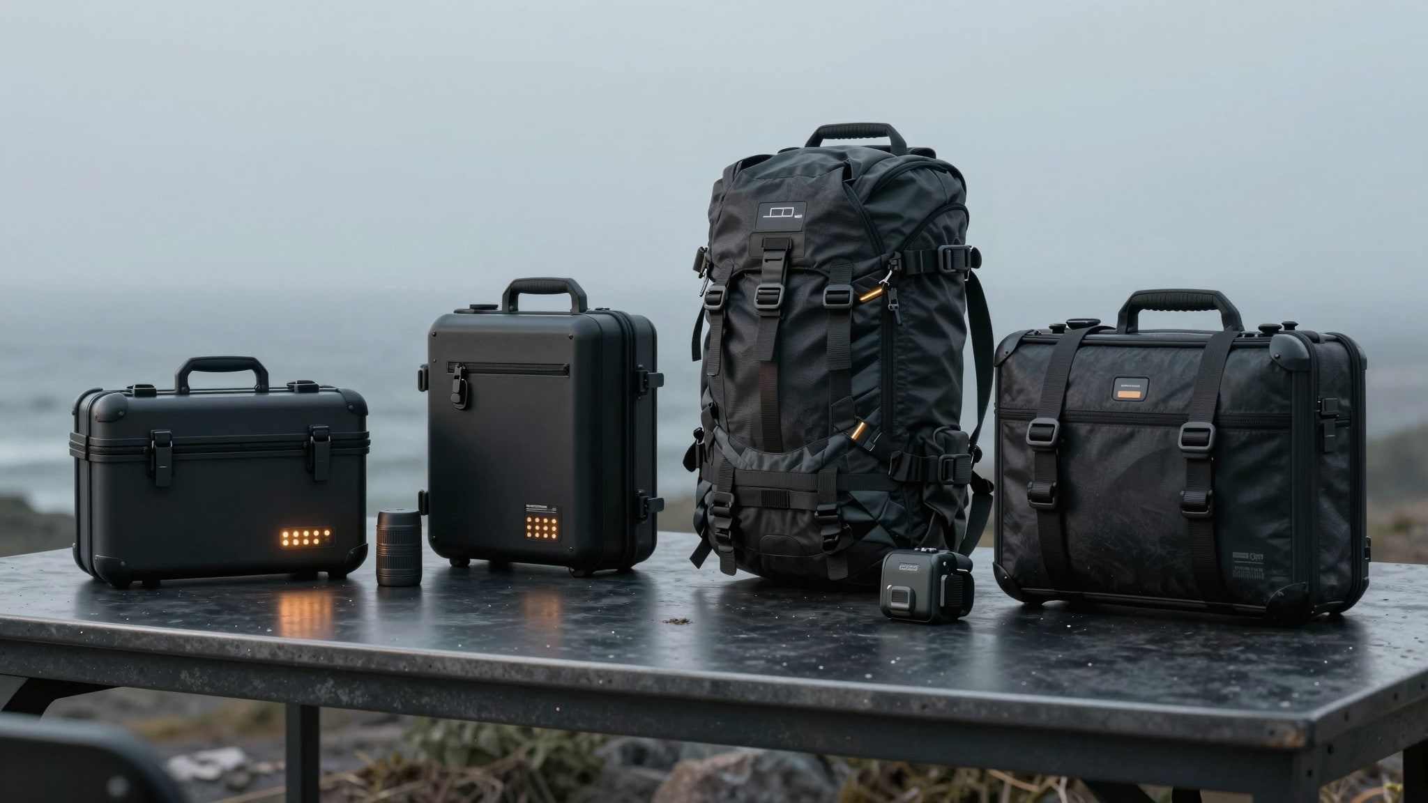 Collector-style expedition gear and premium boxed equipment arranged on a dark industrial table under moody gray light