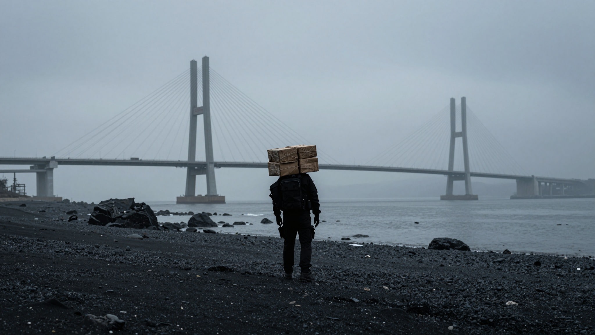 A lone courier with stacked cargo facing a windswept black sand coastline beneath a cold gray sky